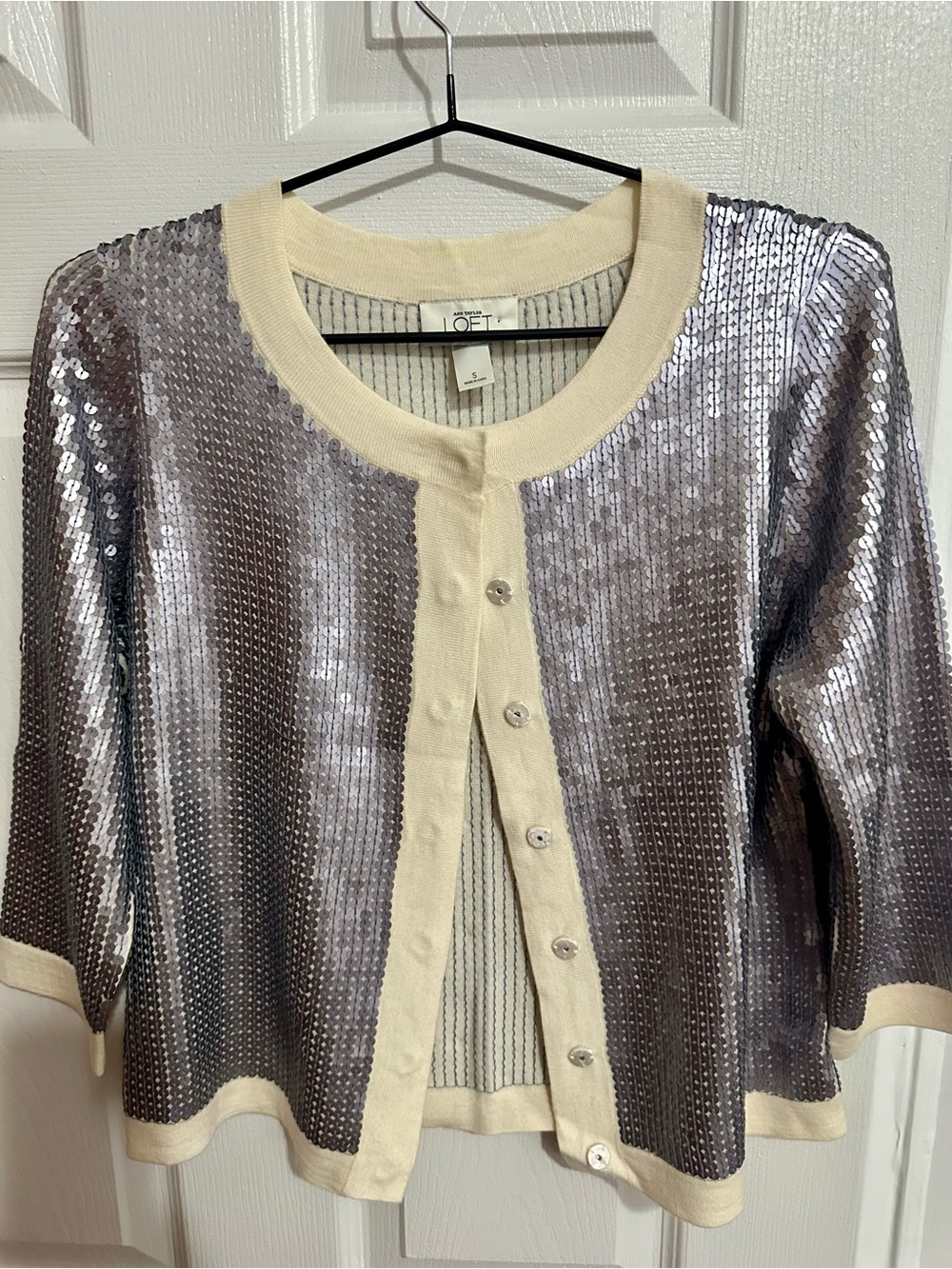 LOFT Silver Sequin Cardigan with Cream Trim